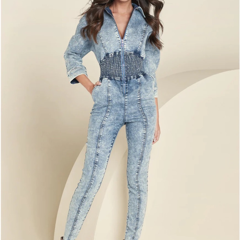 Acid Wash Smocked Denim Jumpsuit